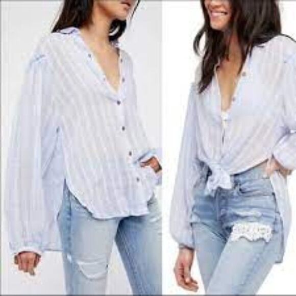 Free People Blue Gauzy Shirt Blouse Size M - Picture 1 of 11